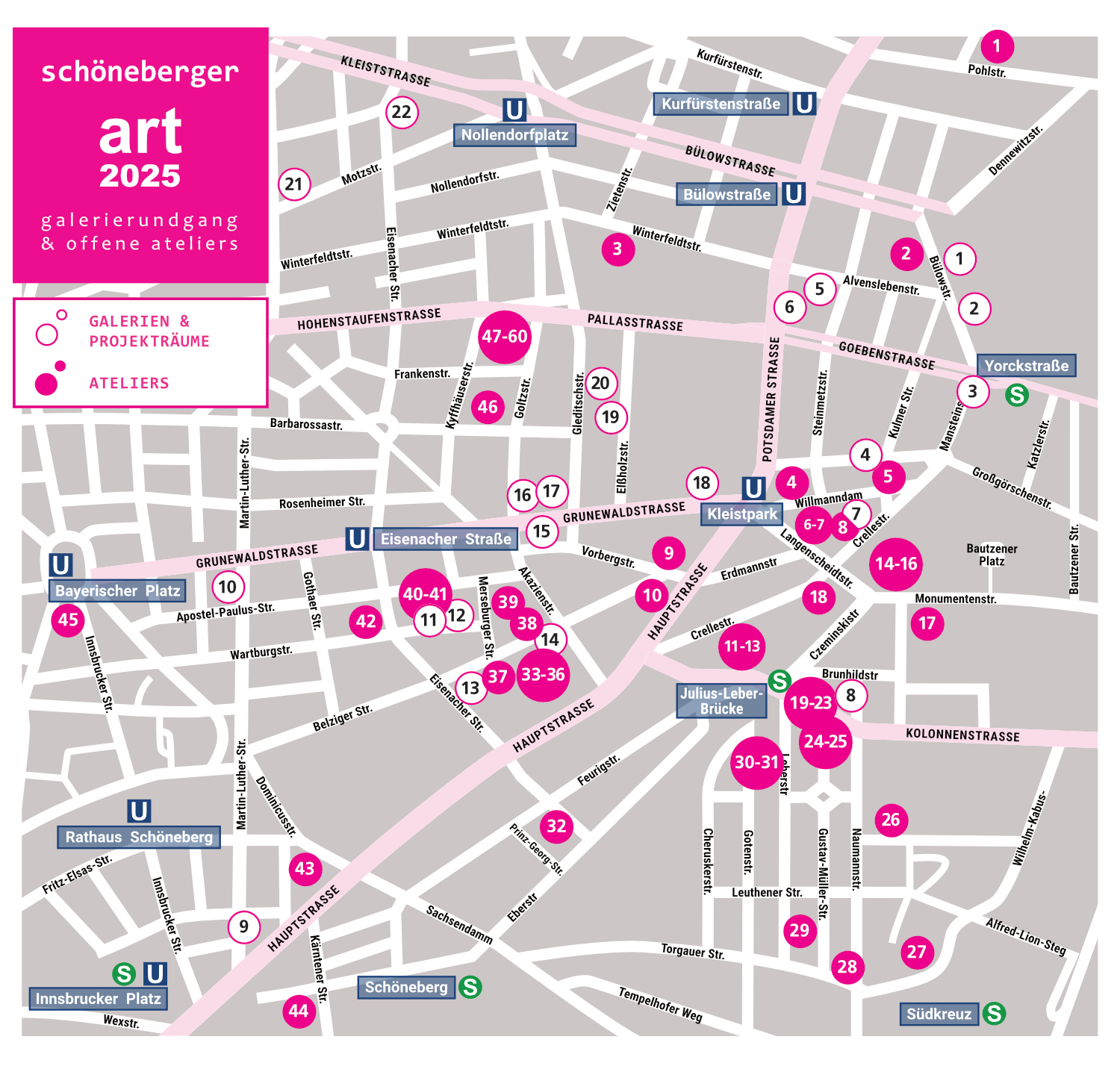 Landkarte von Schöneberg mit allen eingetragenen Ateliers und Galerien