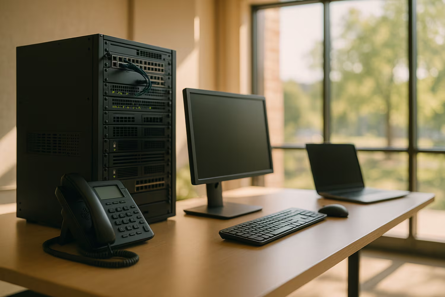 Soft-lit modern IT infrastructure office