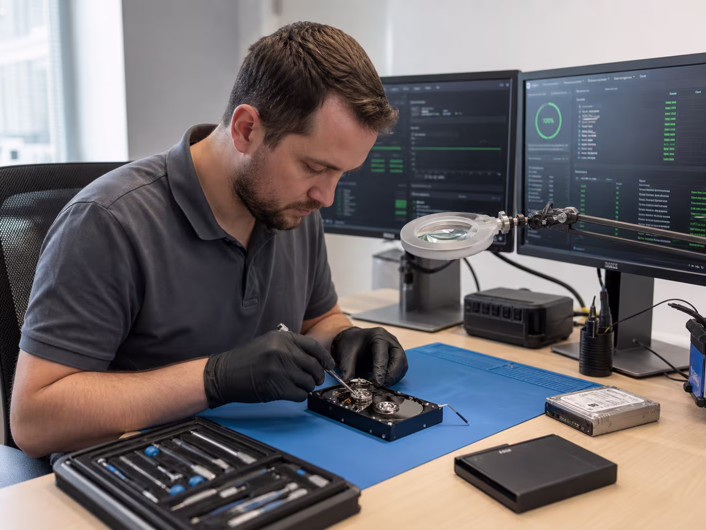 Data recovery technician at work