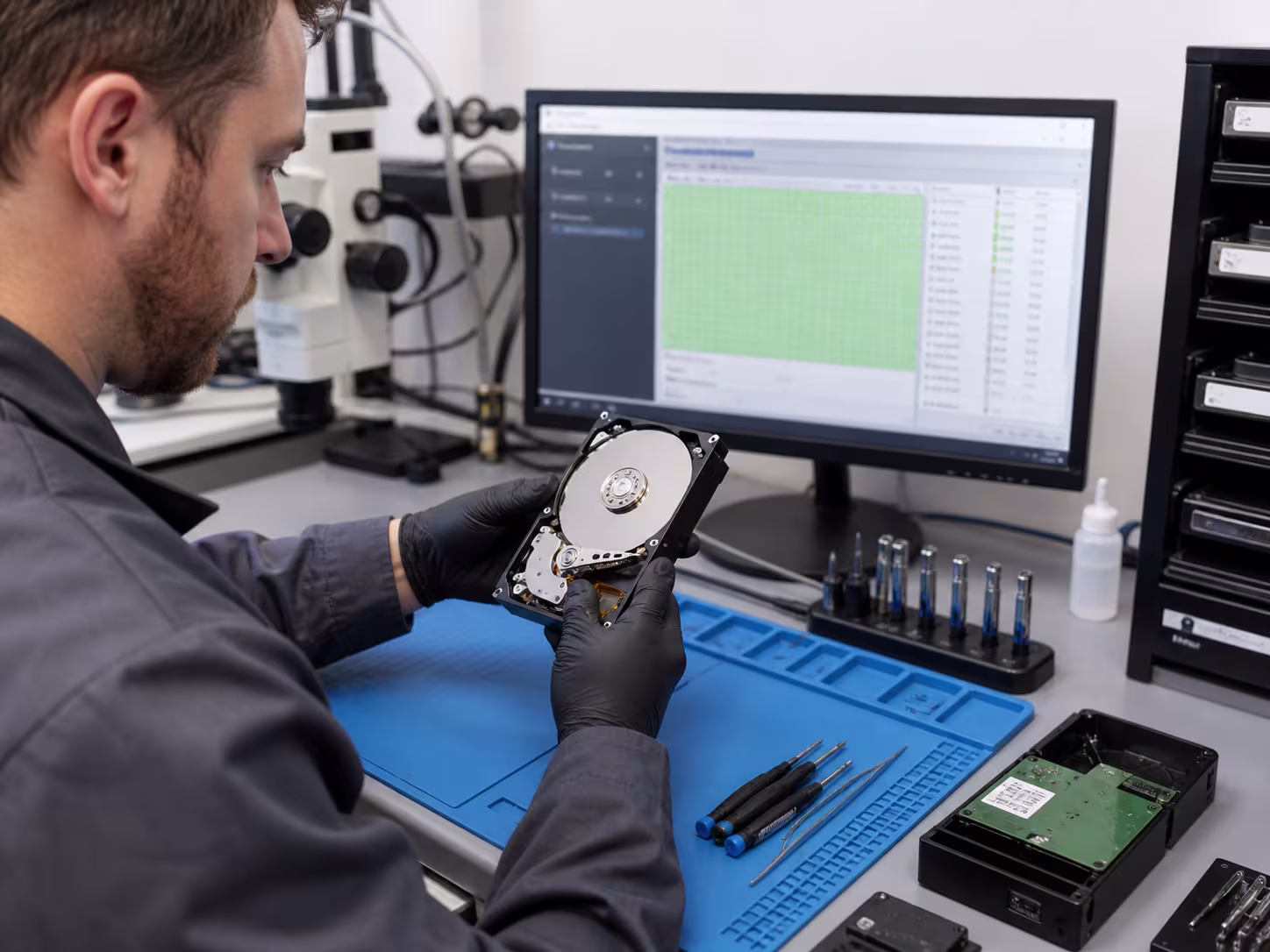 Technician handling hard drive, data recovery services