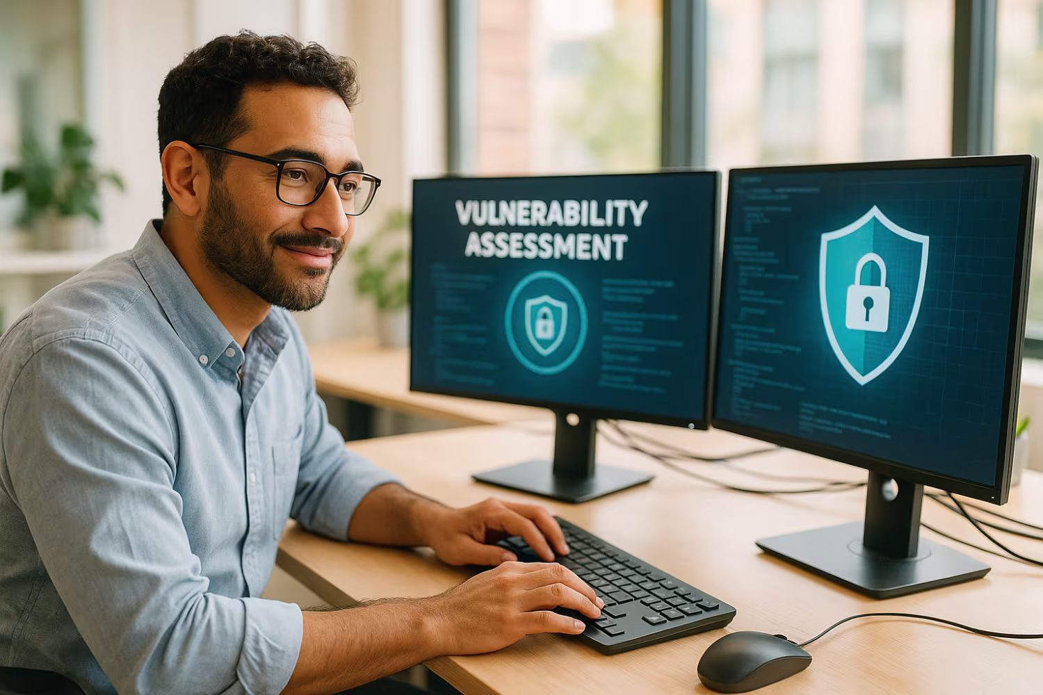 Professional performing vulnerability assessment on monitors