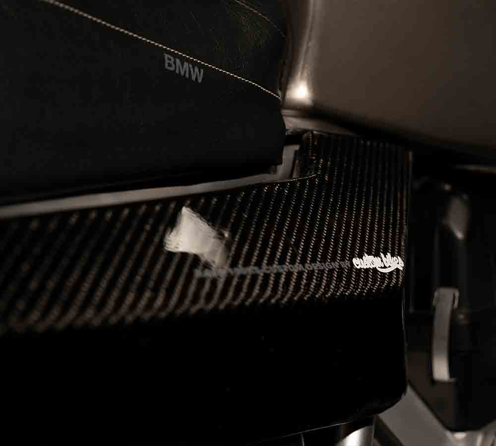 Custom bike design. Specialised instrument cluster designed on BMW k100 by custom bike builders Specialised designed carbon fibre guards