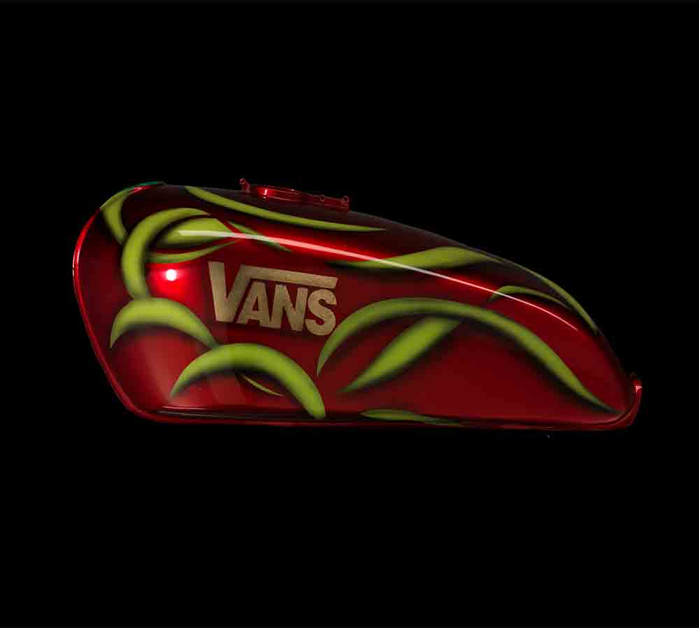 Custom painted motorcycle fuel tank with 24k gold leaf Vans logo