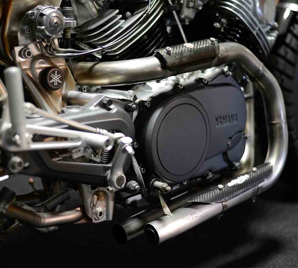 Custom exhaust design for bike build Yamaha xv750 Virago by Custom bike builders DS engineering