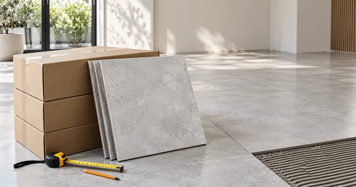 กล่องกระเบื้องกับแผ่นกระเบื้อง 60x60 และตลับเมตร สำหรับคำนวณจำนวนกล่อง