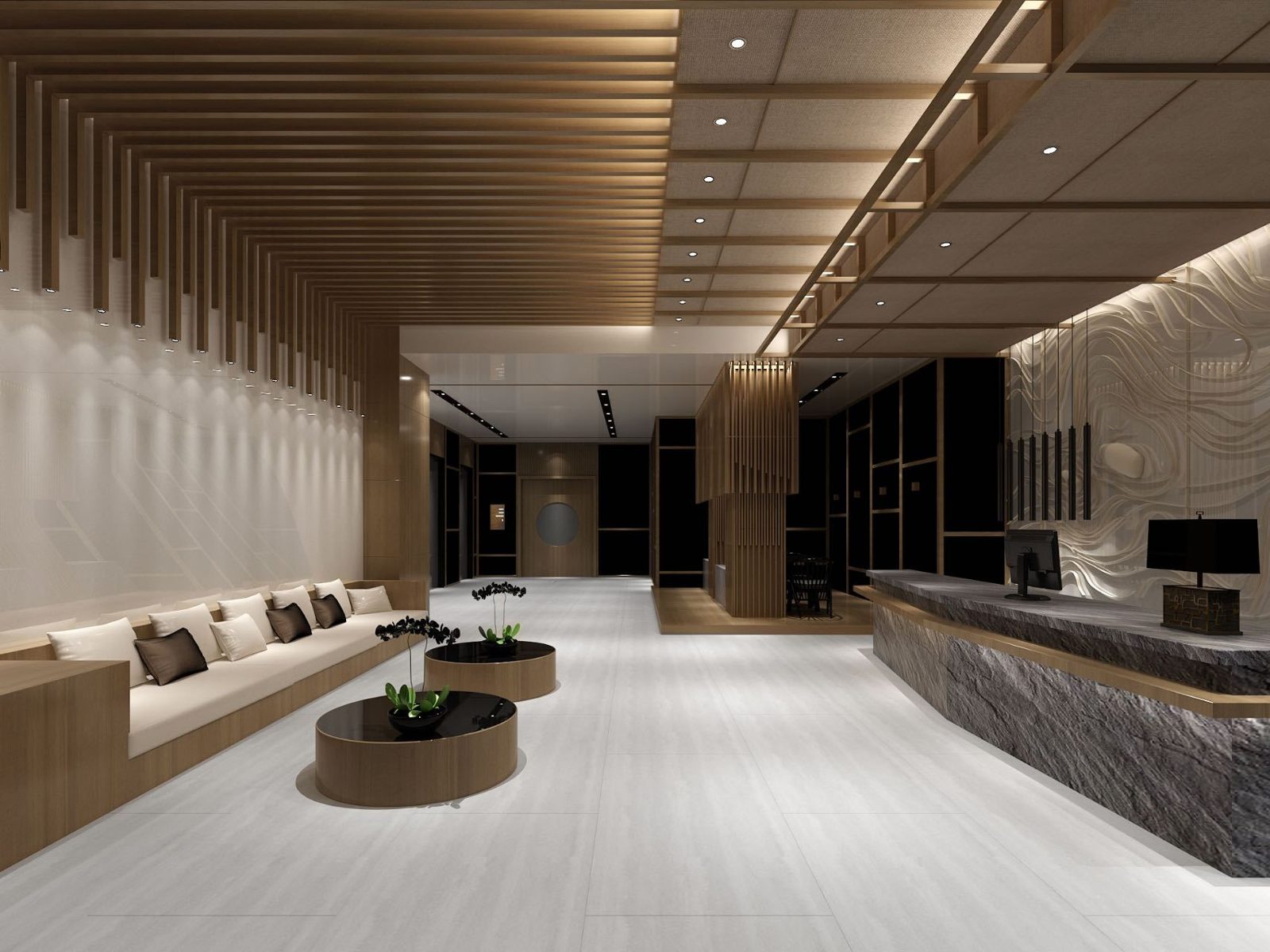 กระเบื้อง Travertine Classic Light 60x120 ผิวด้าน ปูพื้นโถงต้อนรับสไตล์โรงแรม