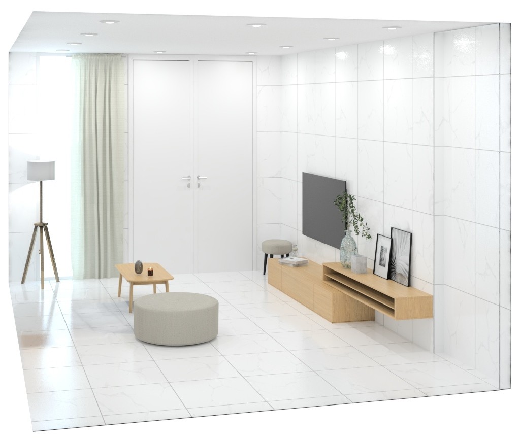 ภาพตัวอย่างห้องปูกระเบื้องลายหินอ่อนสีขาว MODERN STATUARIO ผิวเงา