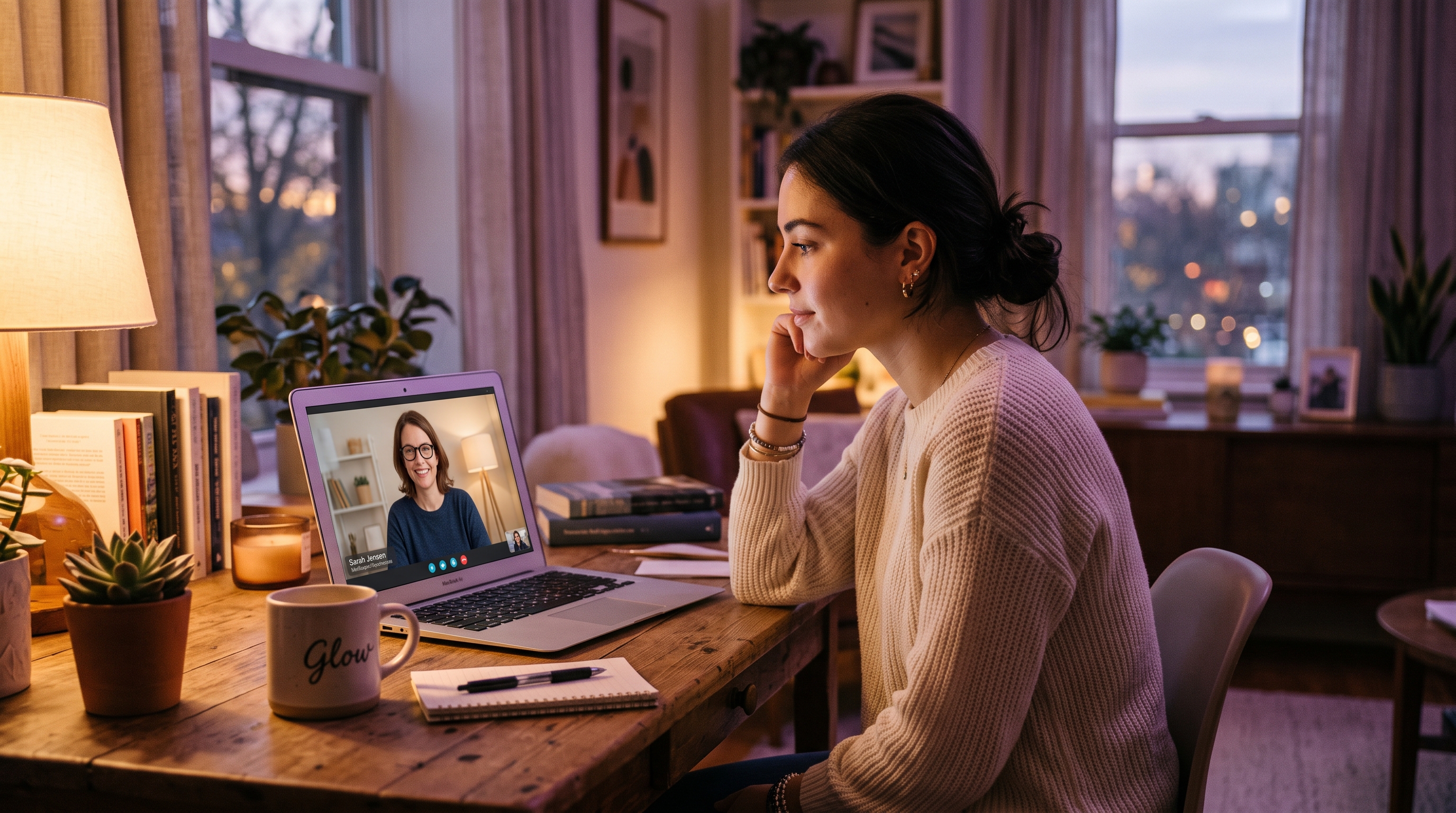 Pessoa em casa fazendo sessão de terapia online por videochamada com a psicóloga no notebook