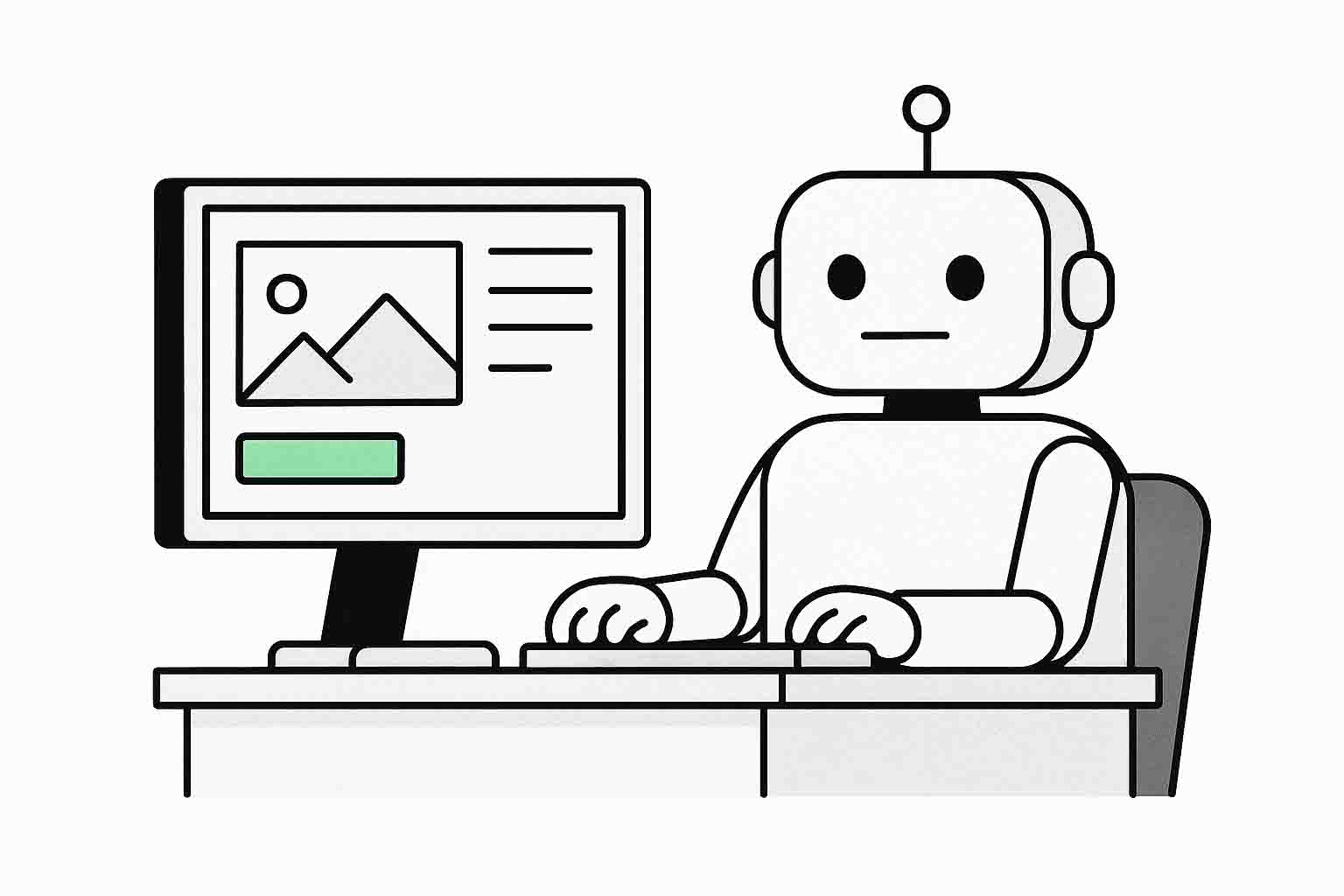 AI robot sitting at desk building a website