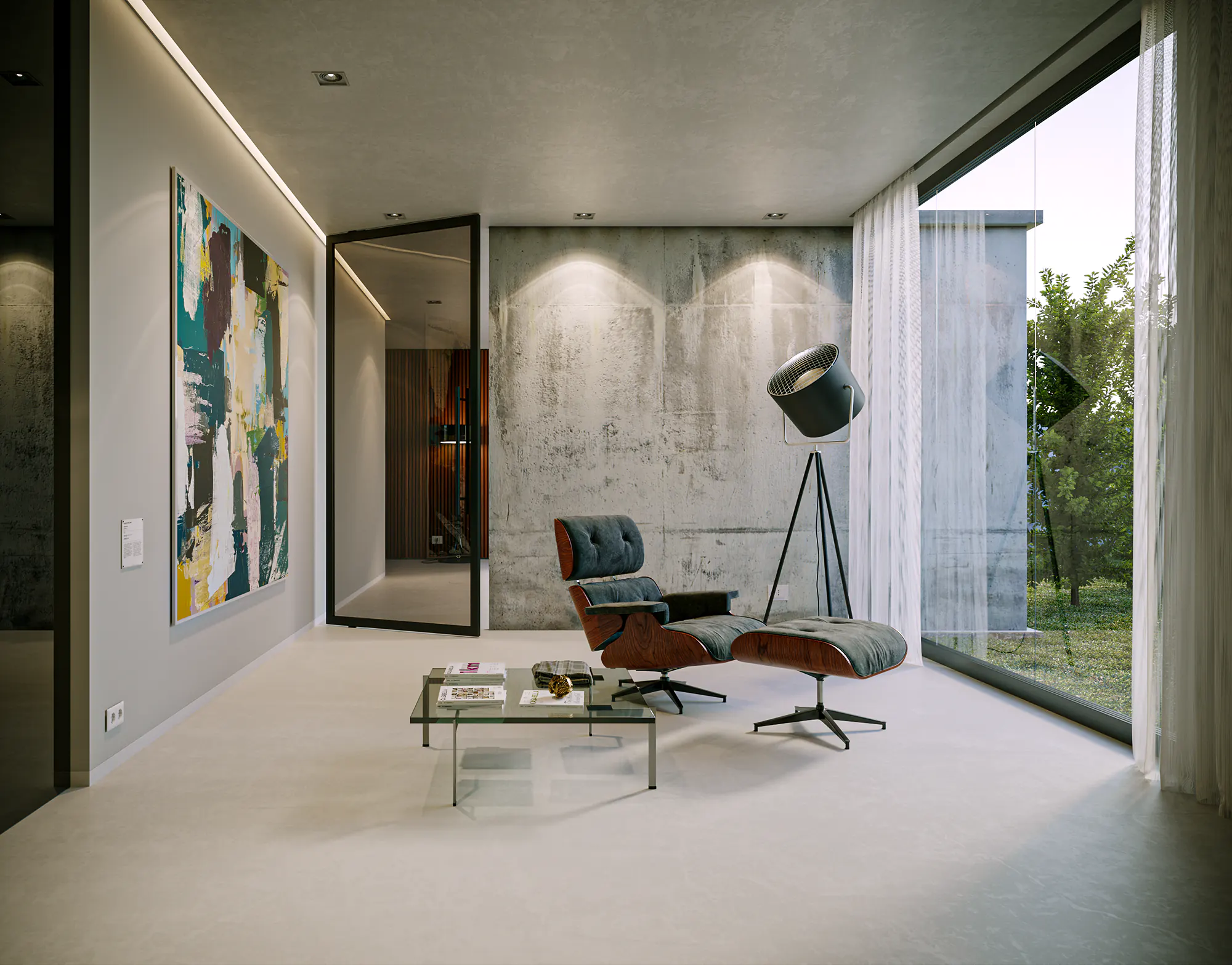 Contemporary oversized Axon interior pivot door with Digero aluminum frame glass pivot door panel.
