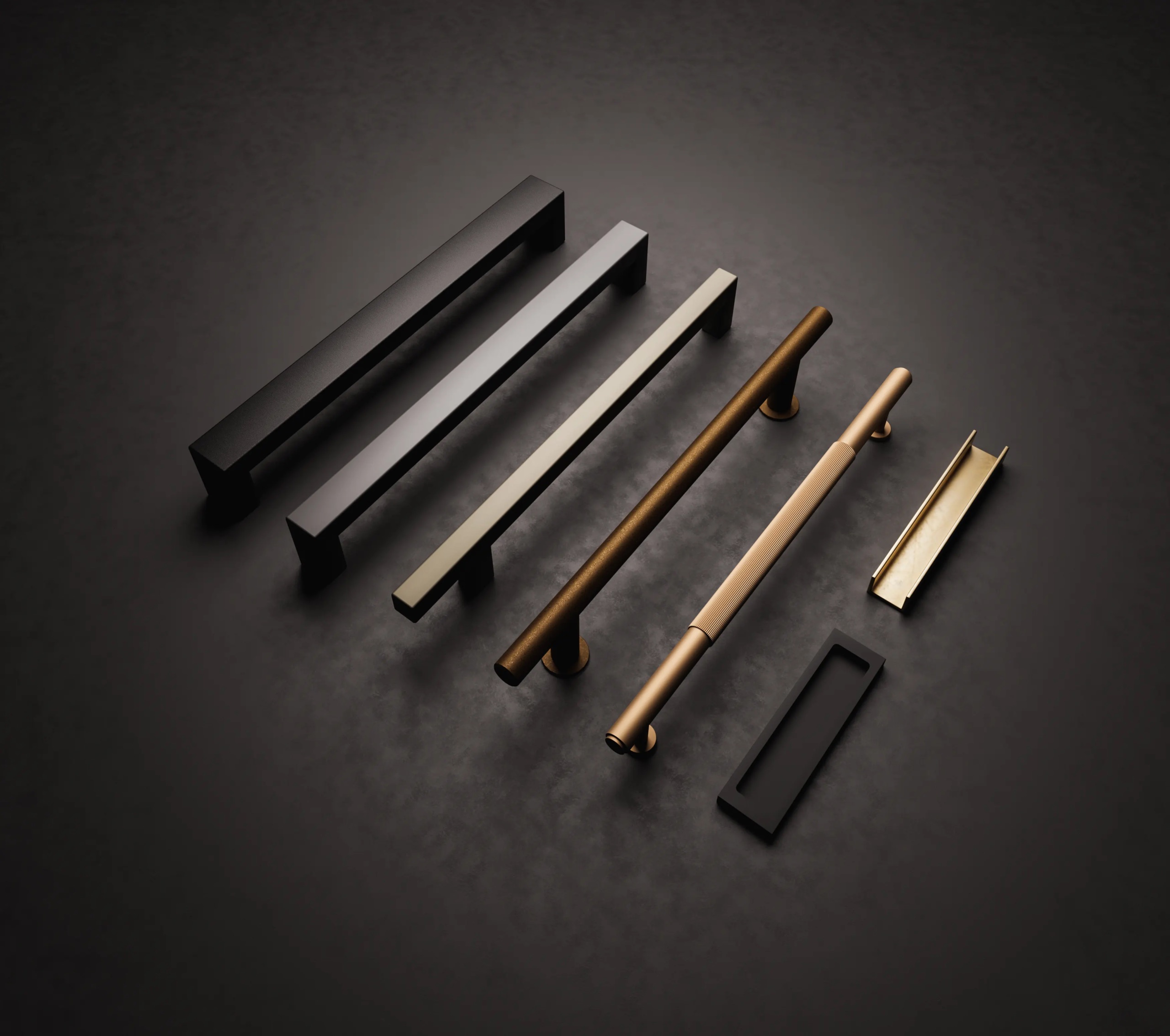 Modern round and square profile door pulls in black, satin nickel, matte brass, polished brass and gold finishes, and linear knurled detailing.