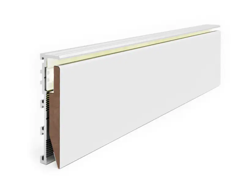 Dorsis Linus 15 flush baseboard with an LED strip lighting channel for ⅝" drywall applications.