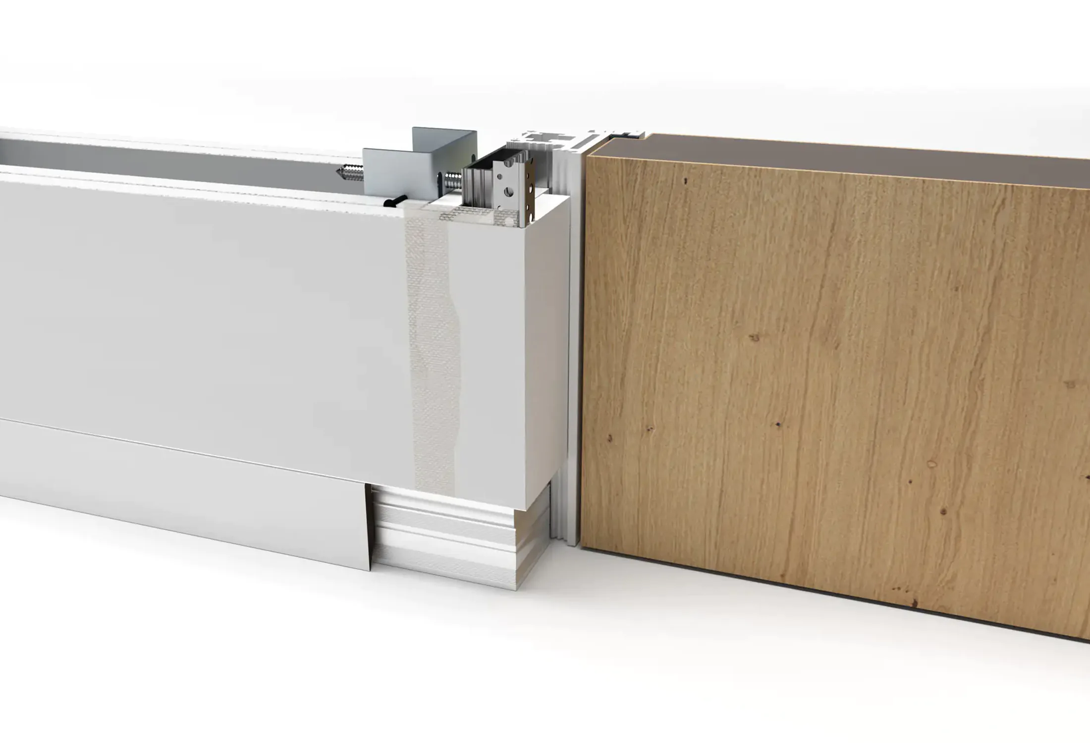 Architectural model showing the Dorsis Linus 15 flush baseboard installed with the Dorsis Fortius concealed door jamb.