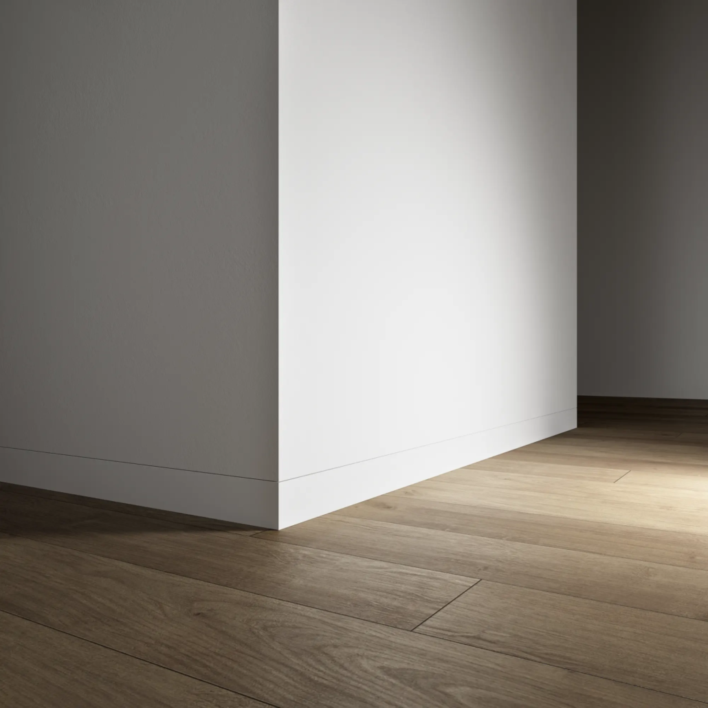 Dorsis Linus flush baseboard with standard flush base trim moulding in white.