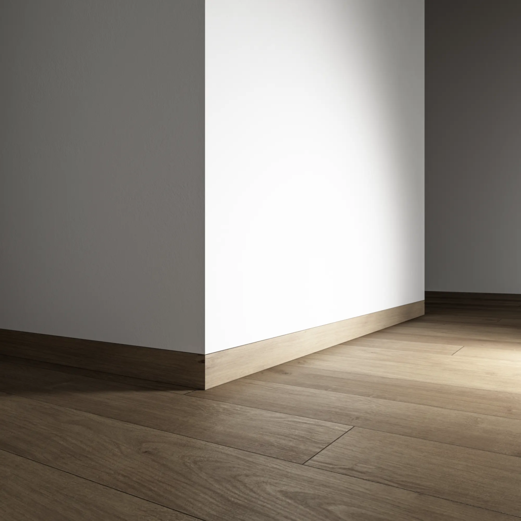 Dorsis Linus flush baseboard with custom flush base trim moulding in hardwood flooring material.