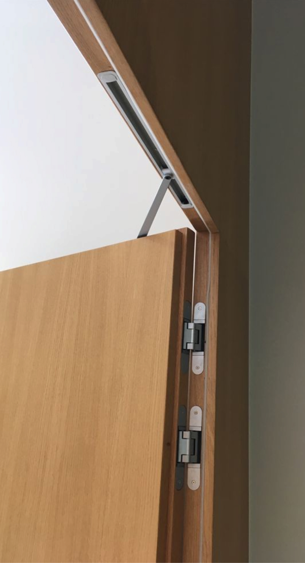 Assa Abloy concealed door closer on an inswing wood veneer door with double Simonswerk Tectus concealed hinges in satin nickel finish.