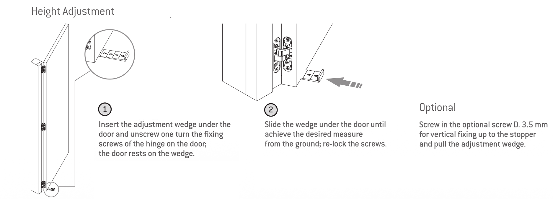 Anselmi Concealed Hinges Adjustment Instructions (AN 140 3D, AN 160 3D, AN 180 3D) - Shows how to find screws and bolts to adjust the height of the door panel using popular Italian concealed hinges.