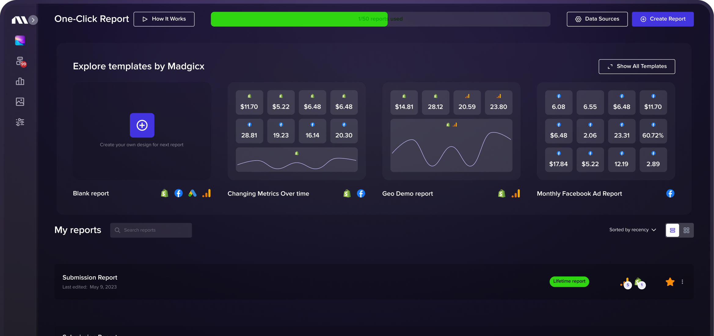 Madgicx One-Click Report dashboard