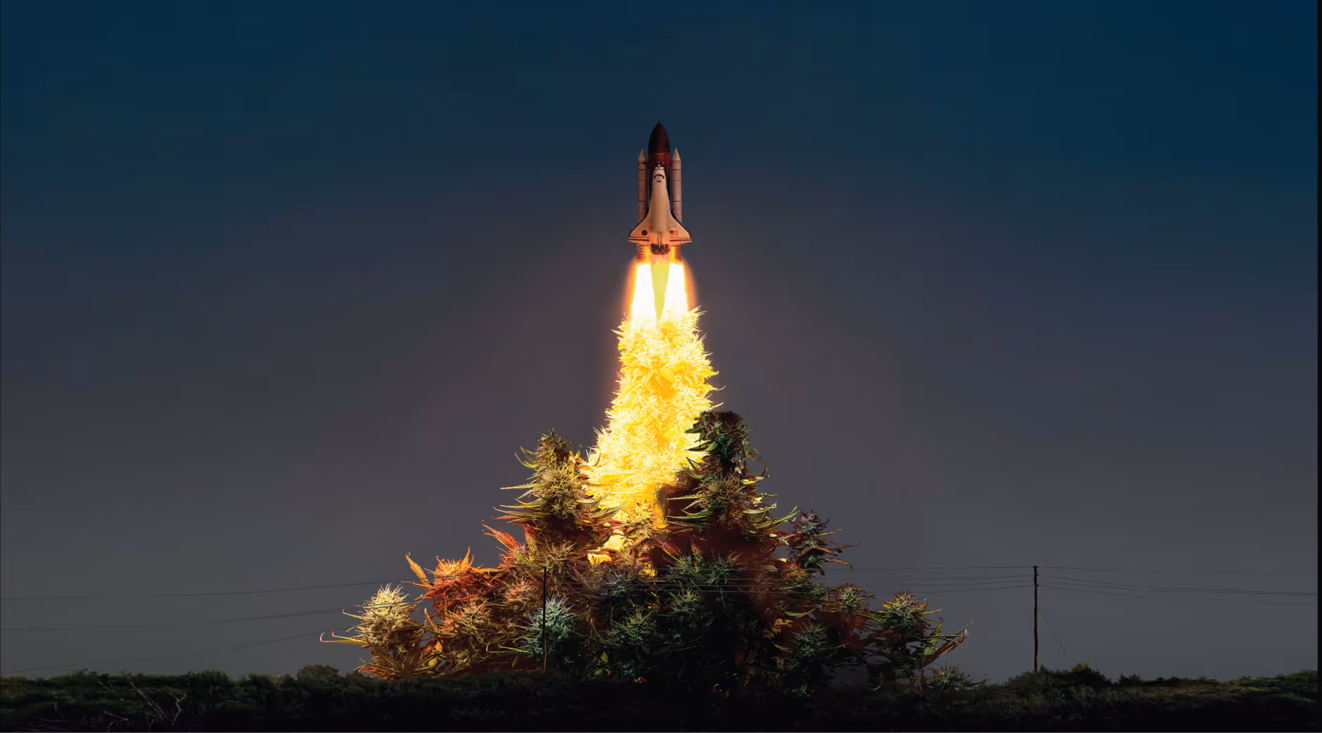 Space shuttle launching with flames shaped like cannabis buds at night.