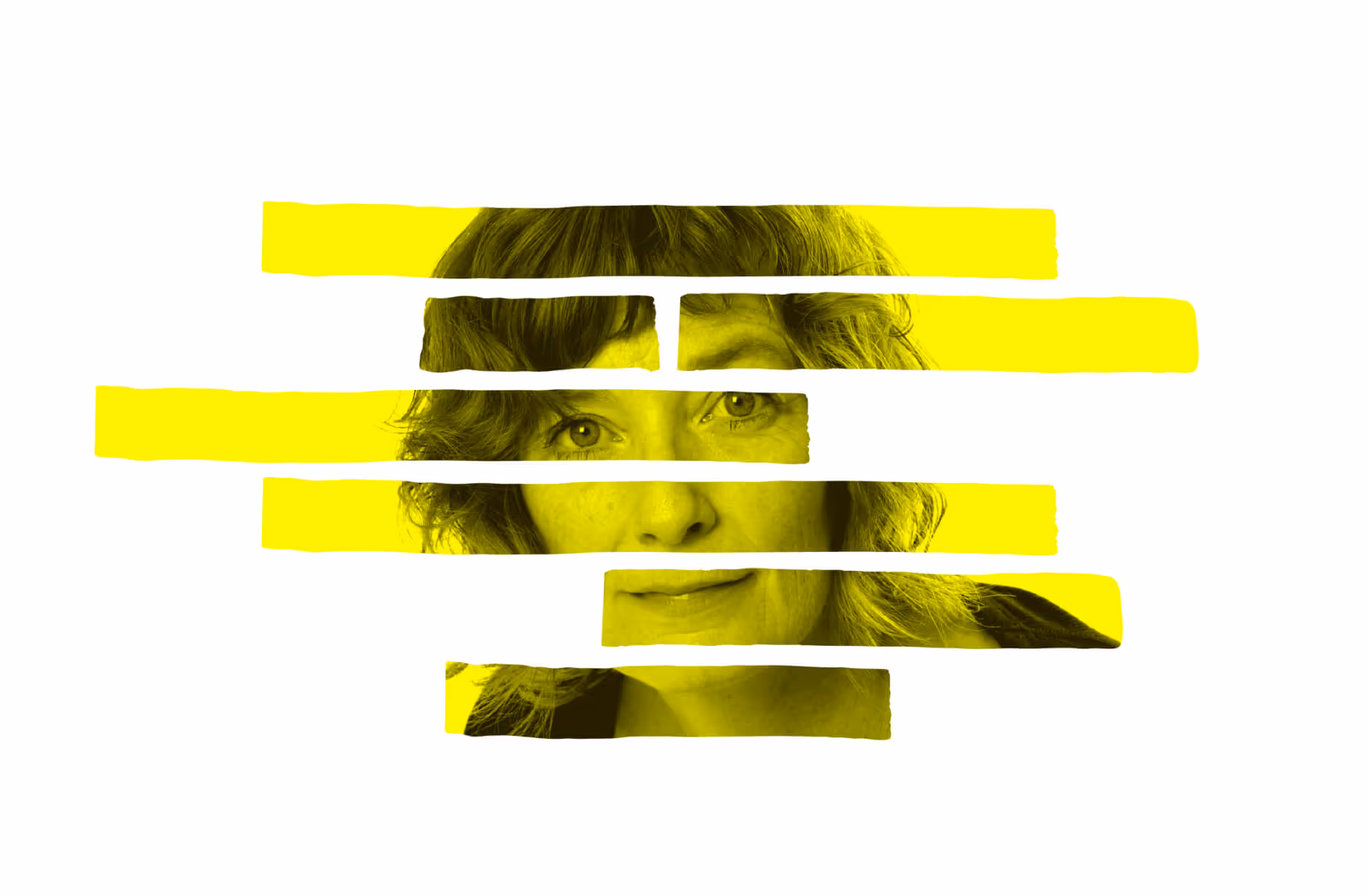 Portrait of a woman with short curly hair shown through uneven yellow horizontal stripes on a white background.