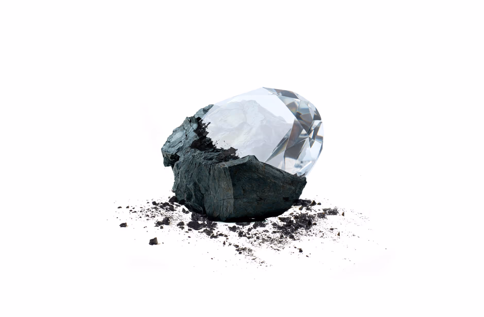 Uncut black coal partially transformed into a polished clear diamond on a white background.
