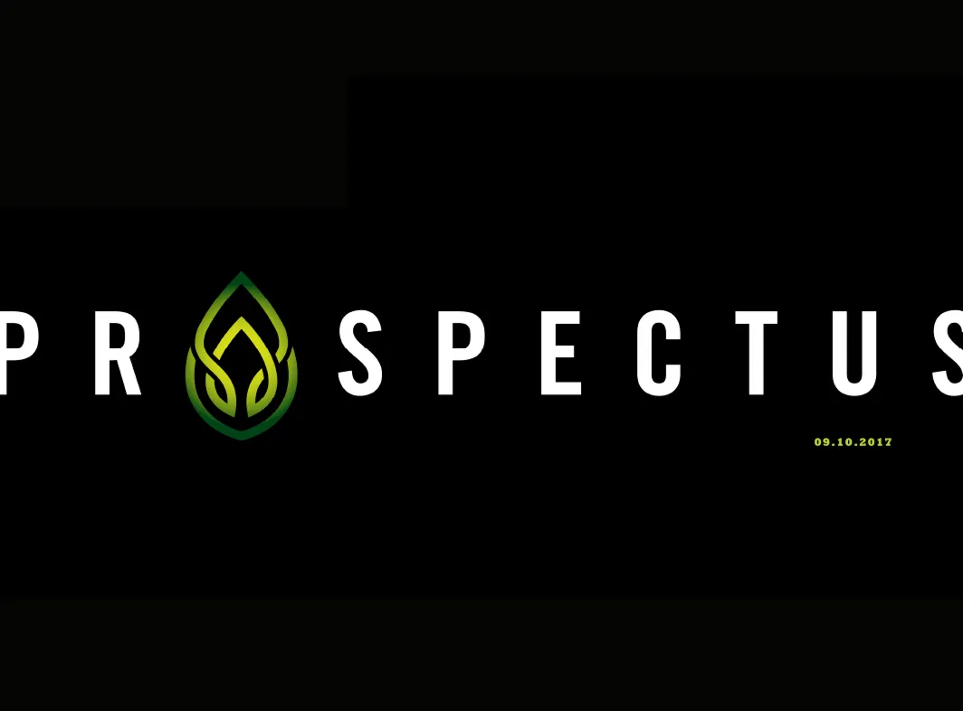 Word PROSPECTUS with green leaf-shaped design replacing the letter O on a black background, and date 09.10.2017 in small yellow text.