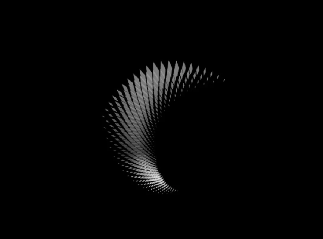 Abstract grayscale pattern of overlapping elongated diamond shapes arranged in a curved, spiral-like formation on a black background.