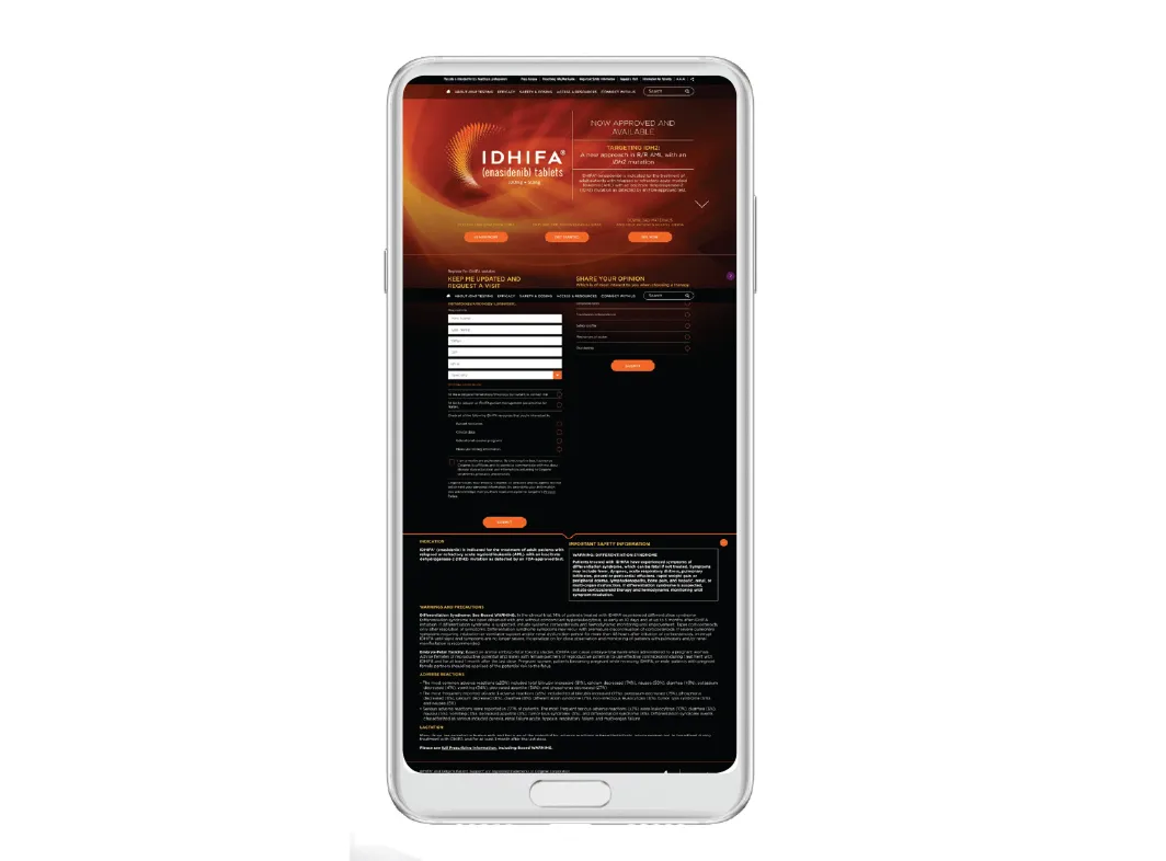Smartphone displaying a webpage for IDHIFA (enasidenib tablets) with product information, a form for updates and opinions, and safety details.