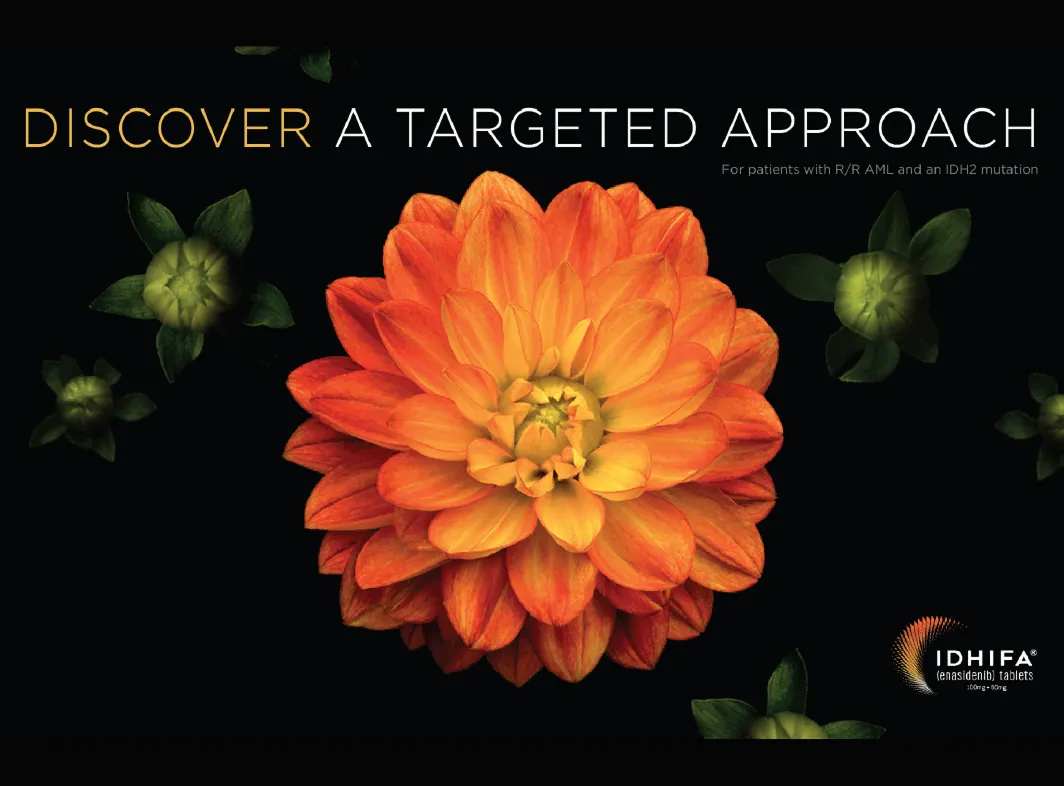 An orange and yellow dahlia flower against a black background with text reading 'Discover a targeted approach' and a logo for IDHIFA enasidenib tablets.