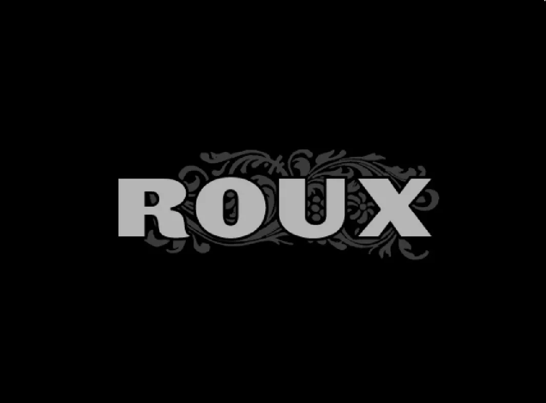 The word 'ROUX' in bold gray capital letters with a decorative black floral pattern behind it on a black background.