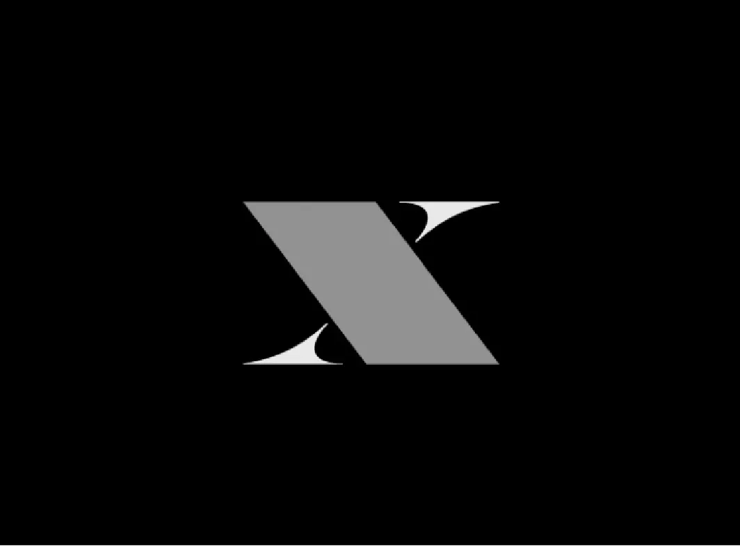 Abstract geometric shape with a gray parallelogram flanked by two white curved triangular forms on a black background.