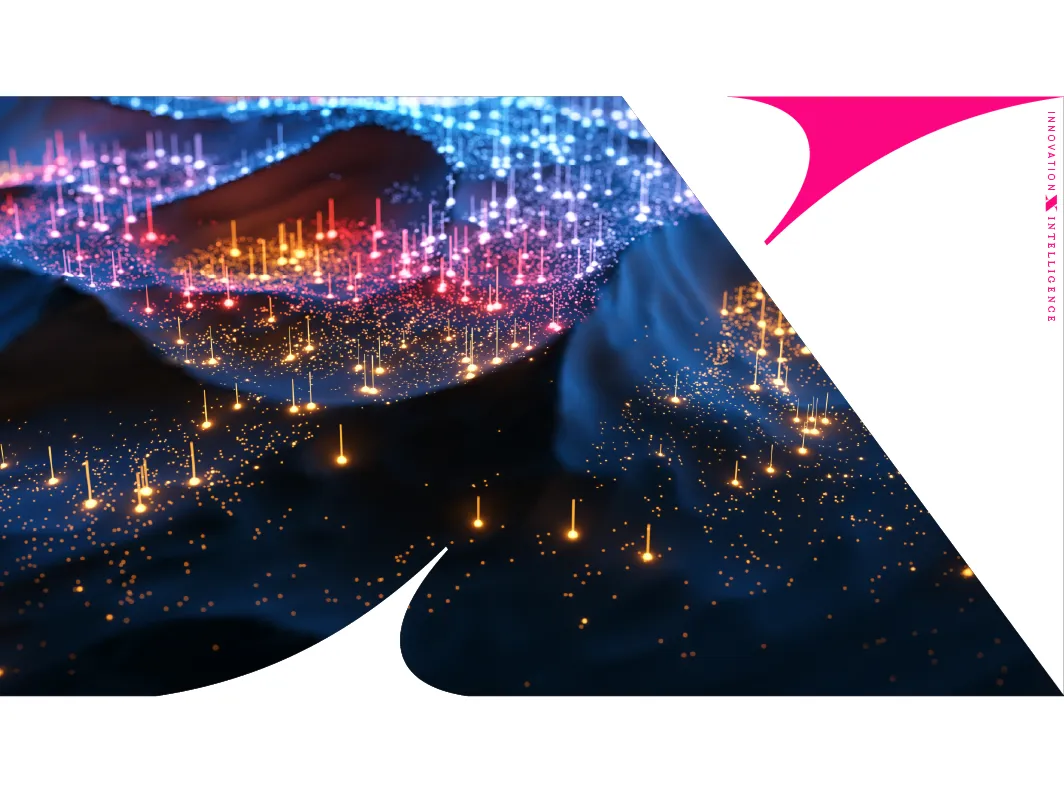 Abstract digital landscape with glowing vertical light points in blue, pink, and gold tones, symbolizing data or connectivity, framed by a white and pink graphic design element.