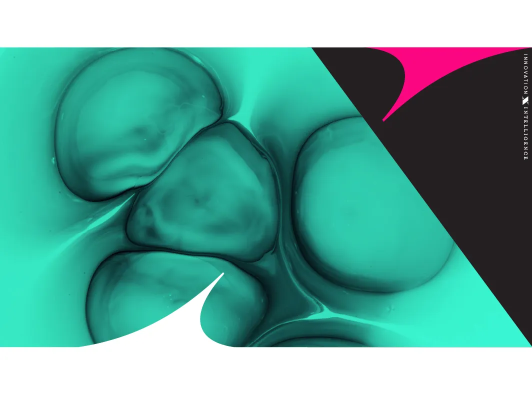Abstract image with teal organic shapes and black and magenta geometric design on the top right corner, featuring the text Innovation Intelligence.