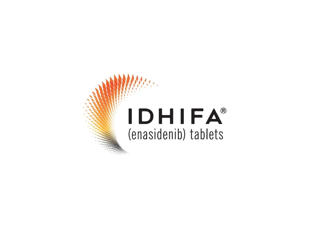 Logo for IDHIFA enasidenib tablets with a gradient curved pattern in orange, yellow, and black on the left side.