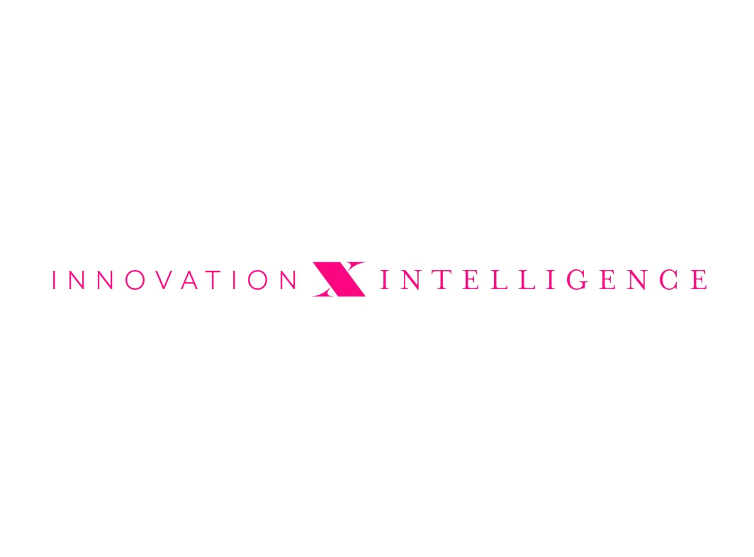 Text reading Innovation X Intelligence with a stylized pink X in the center.