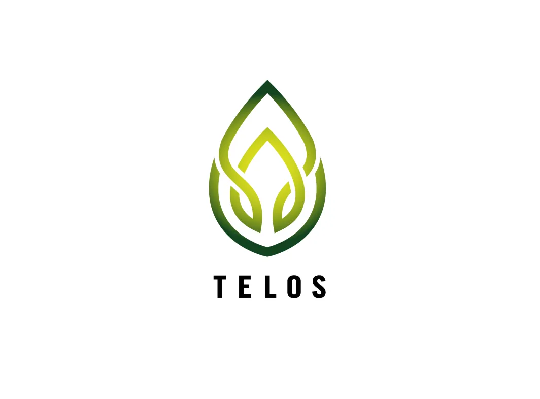 Green gradient stylized leaf logo above the text 'TELOS'.