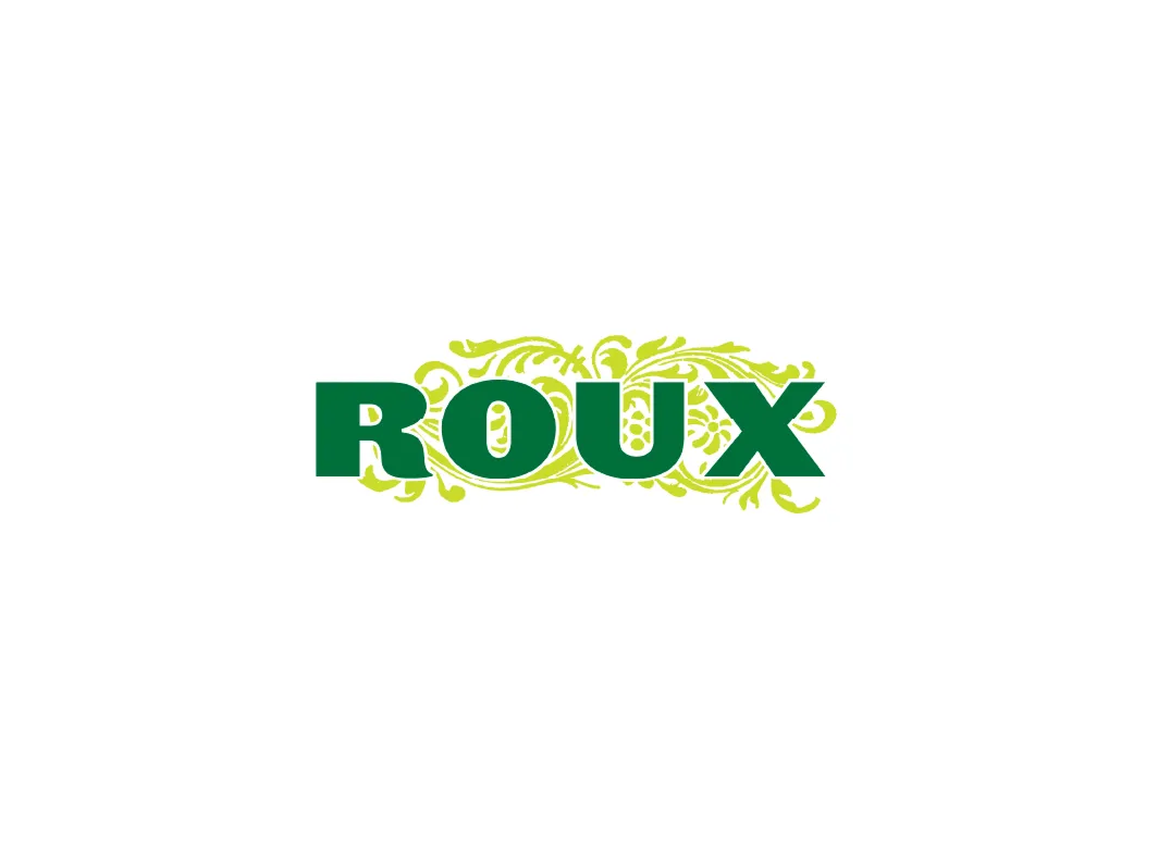 Green text 'ROUX' with yellow ornamental floral design in the background.