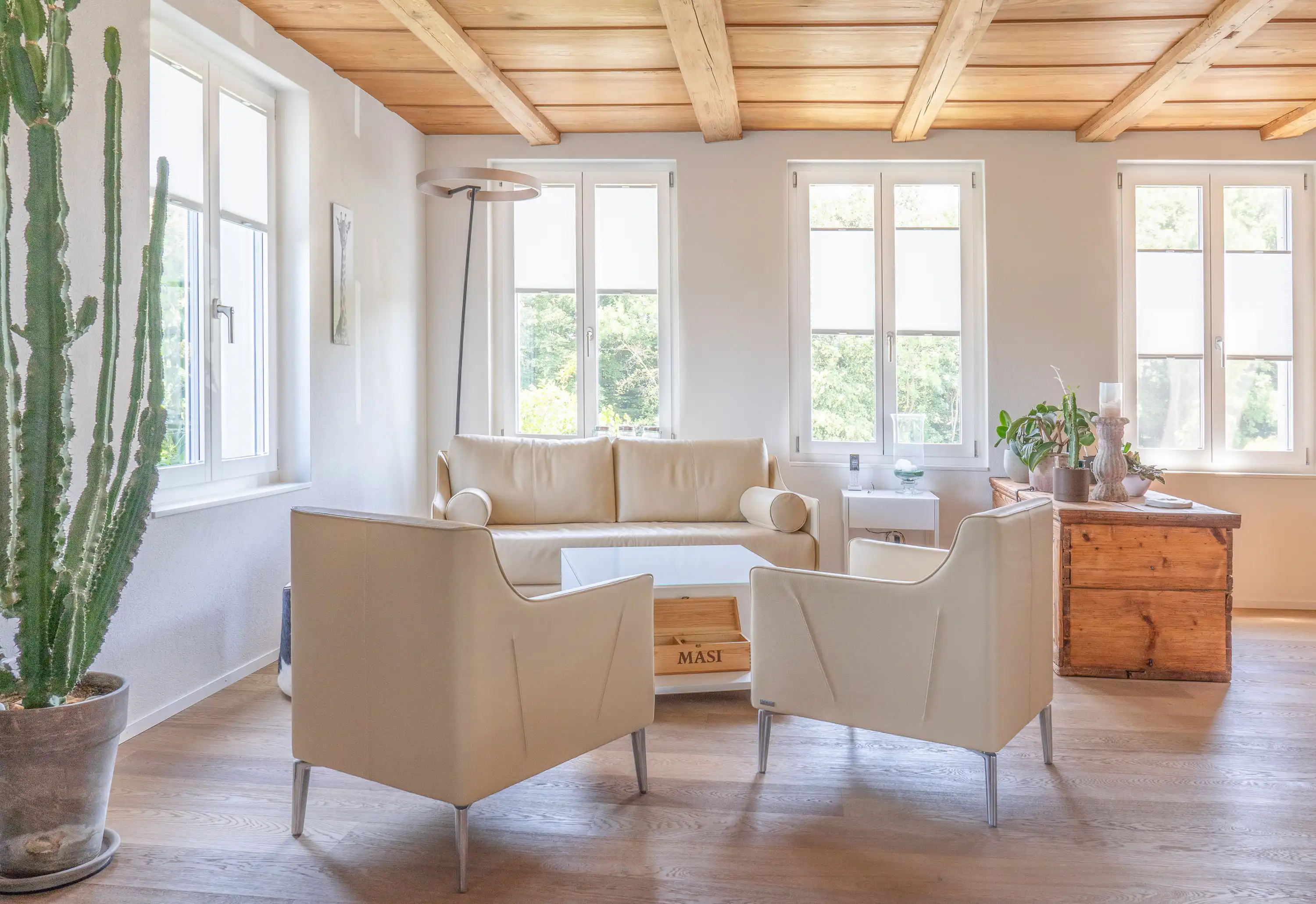 Helles Wohnzimmer mit schönem Ausblick durch die neuen Fenster