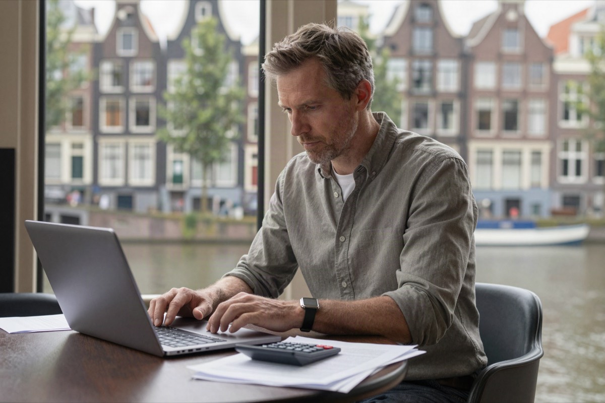 Man working on a laptop by the window of an Amsterdam canal house