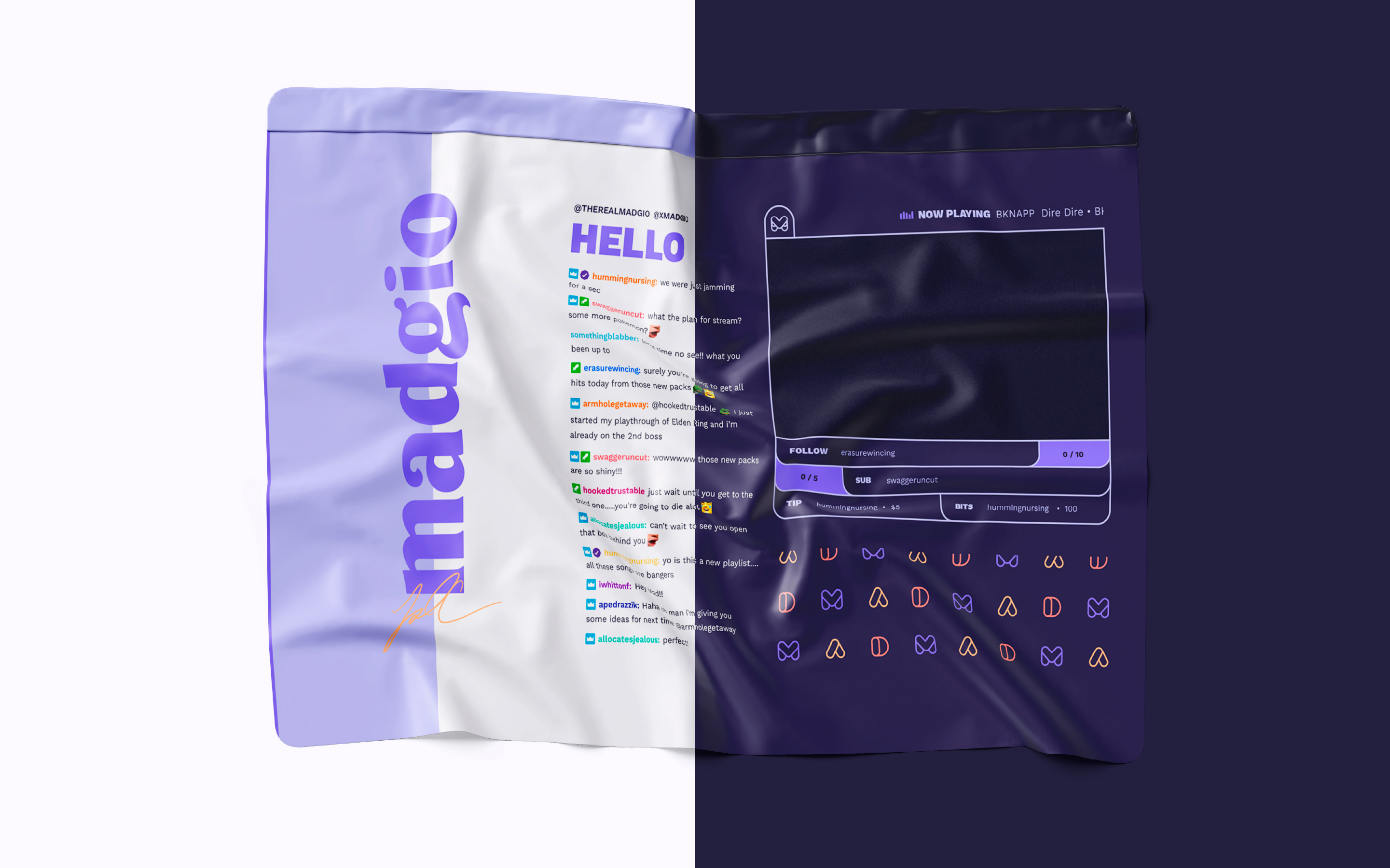 Madgio brand colour palette and wordmark applied across a layout