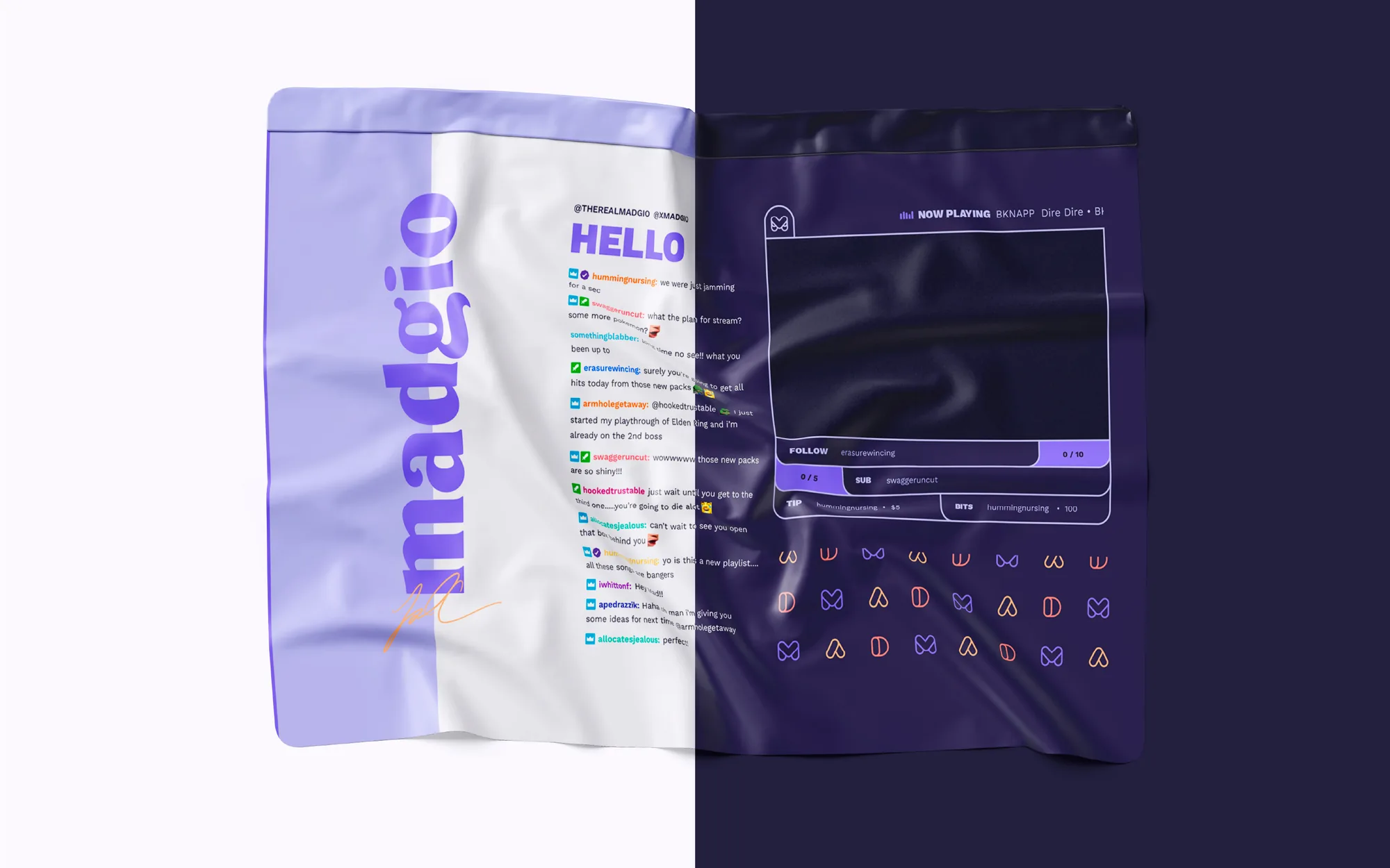 Madgio brand colour palette and wordmark applied across a layout