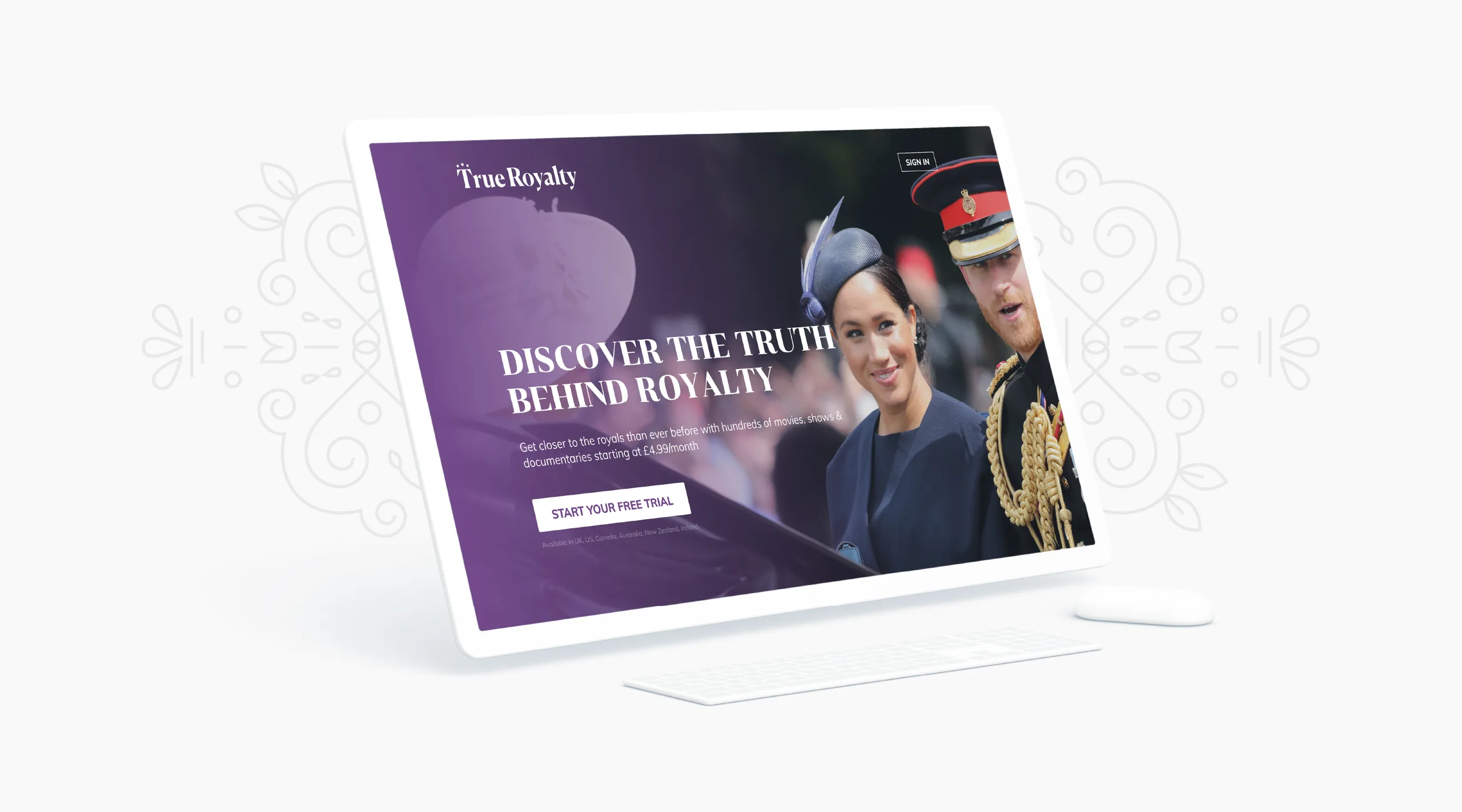 True Royalty TV streaming service homepage redesigned for accessibility with elegant patterns and a warm palette