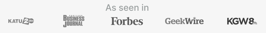 List of media logos with the caption "as seen in". The logos include Portland business journal, Katu 2 (ABC), GeekWire, Forbes, and KGW8.