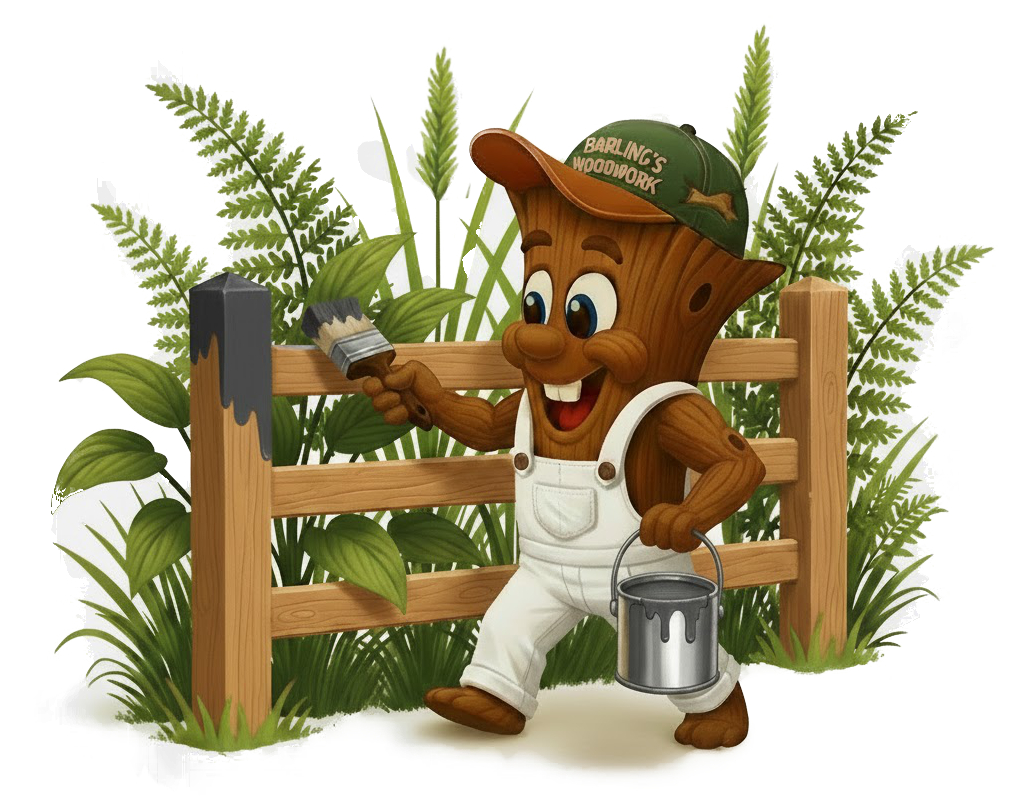 Woody in white overalls painting a post & rail fence 