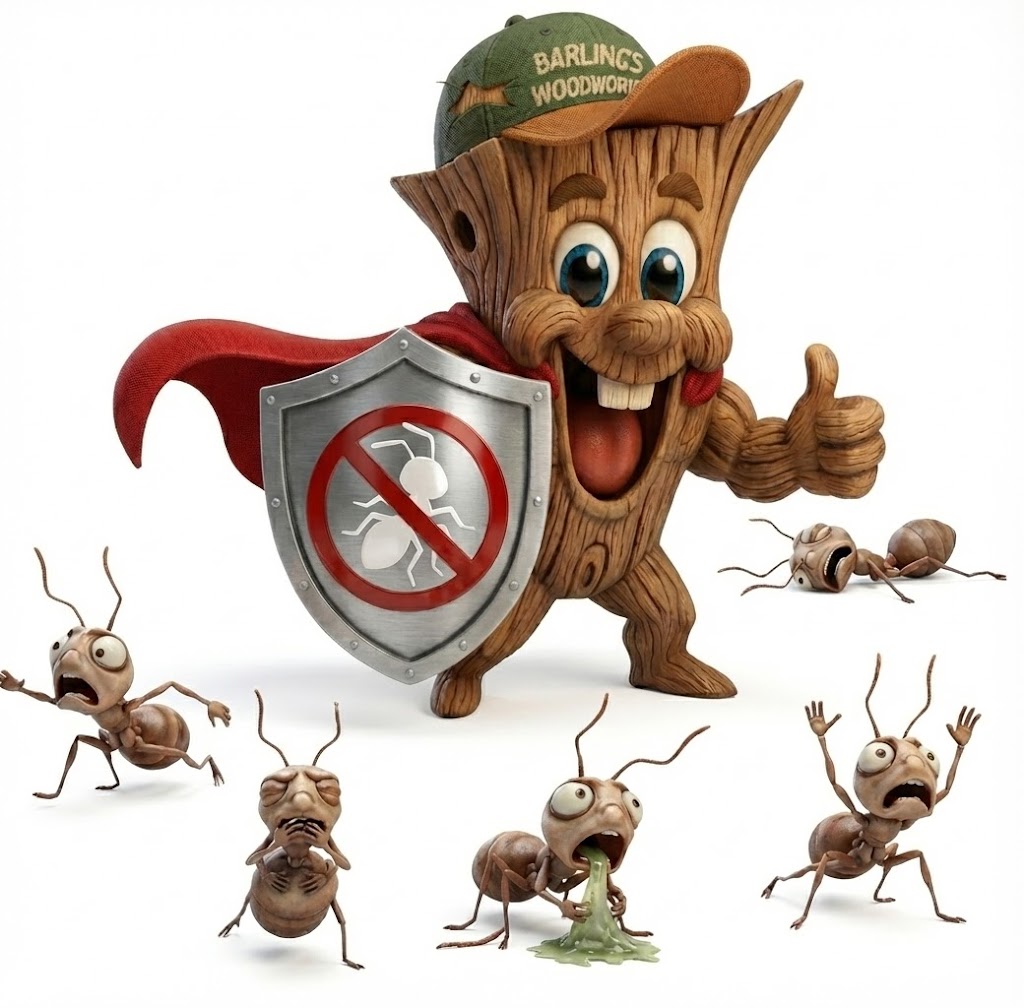 "Barling's Woodworks White Ant Resistant Cypress Pine. Pictured here is Super Woody, our mascot.
