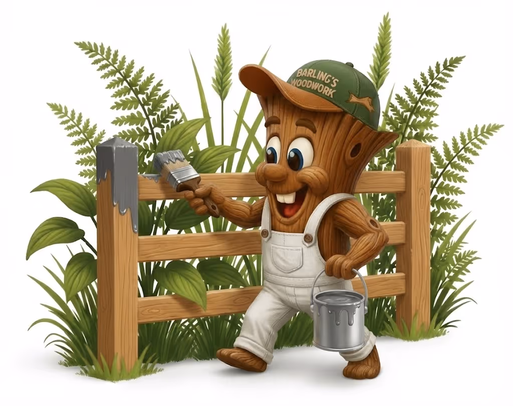 Woody in white overalls painting a post & rail fence 