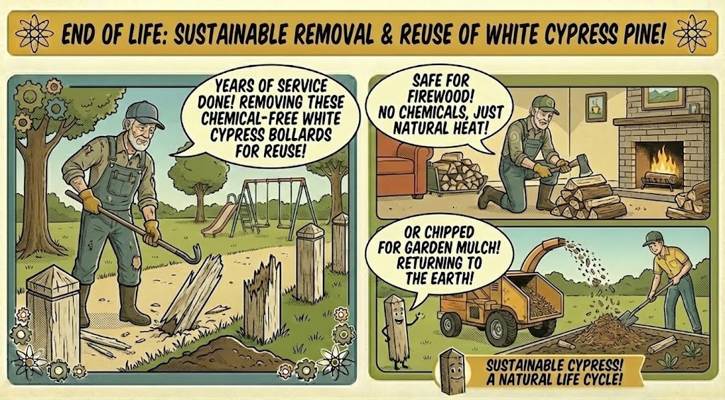 Recycl, End of Life reuse of White cypress pine bollards