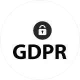Black padlock icon above the text 'GDPR' on a white circular background.