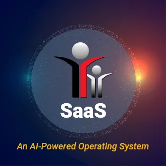 Logo with two stylized human figures in black and red above the word SaaS, with the tagline An AI-Powered Operating System below.