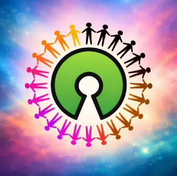 Open source keyhole symbol in green surrounded by a circle of multicolored human figures holding hands on a cosmic background.